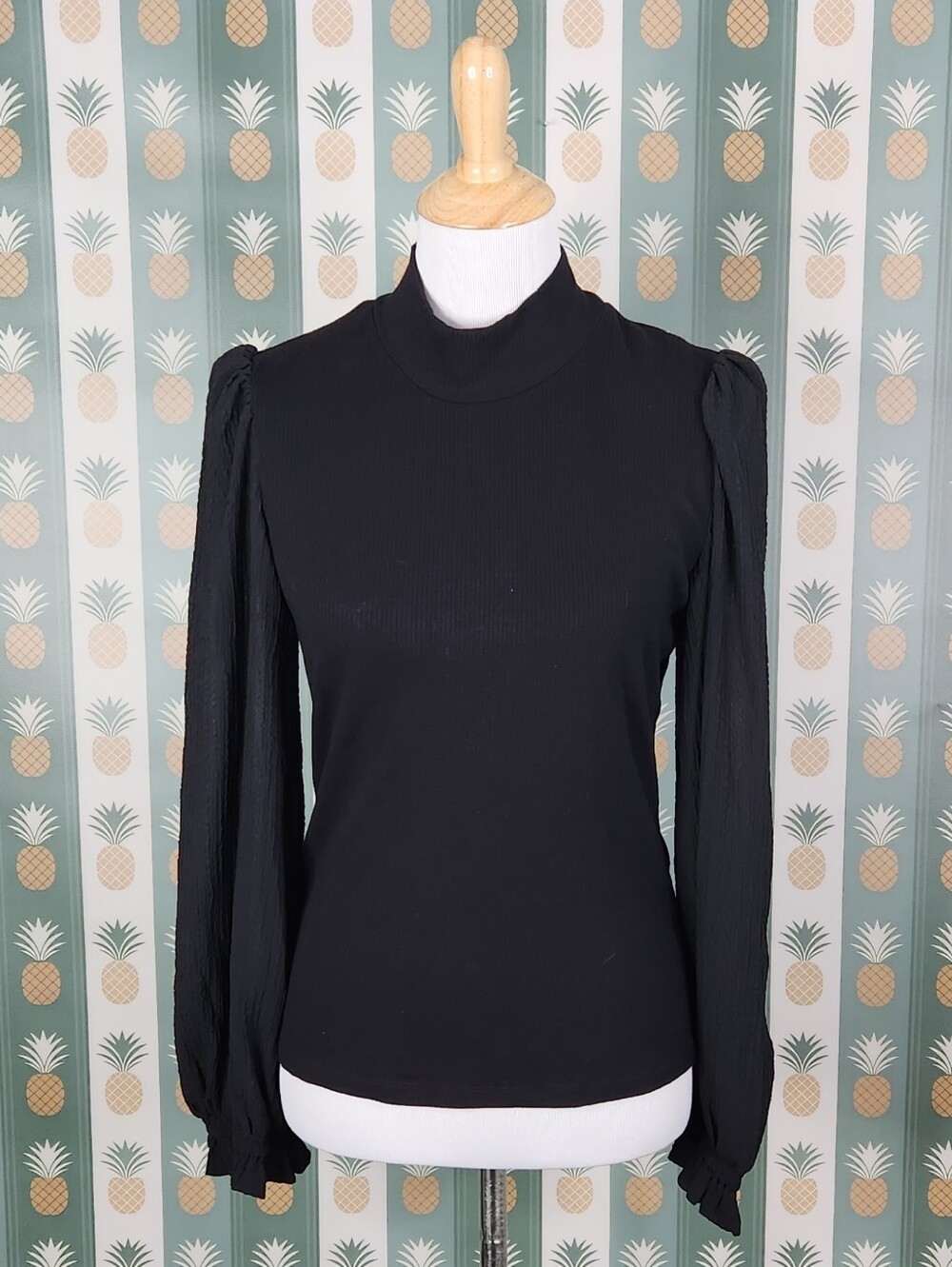 Heartloom Black Mock Neck Long Sleeve Puff-Sleeve Top